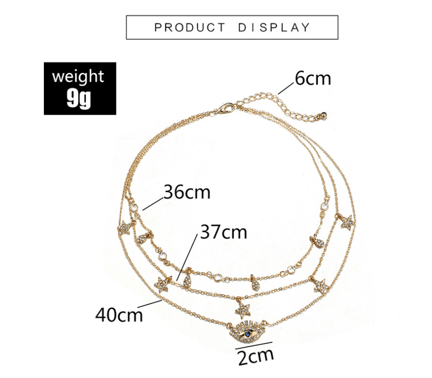 Fashion water drop five-pointed star diamond evil eye protection multi-layer necklace - Shop Alluring
