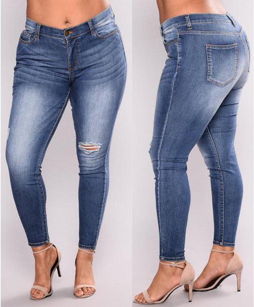 Plus size rip high elastic jeans woman jeans - Shop Alluring