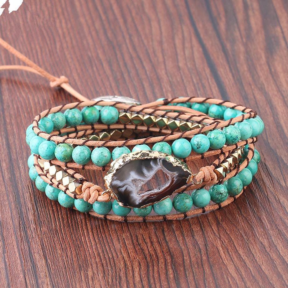 Natural turquoise braided striped agate bracelet - Shop Alluring