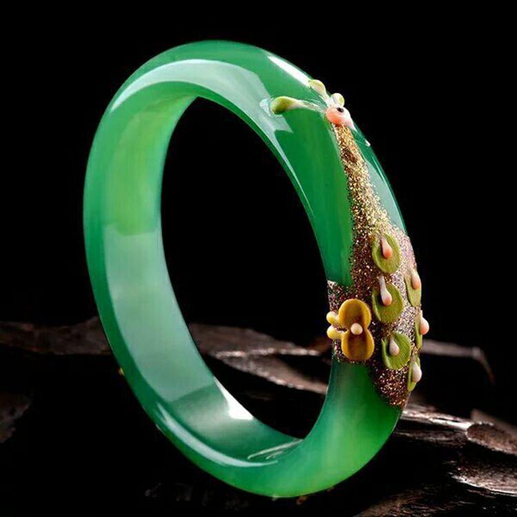 Peacock Painted Carved Chalcedony Bracelet - Shop Alluring