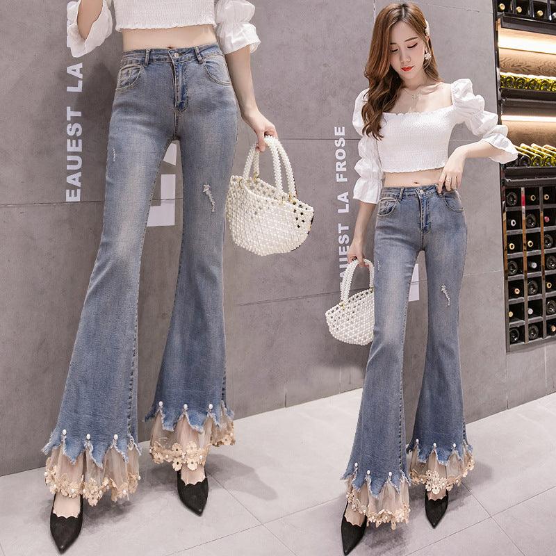 Paneled Micro Flare Jeans Pants with Lace and Pearl Decoration - Shop Alluring