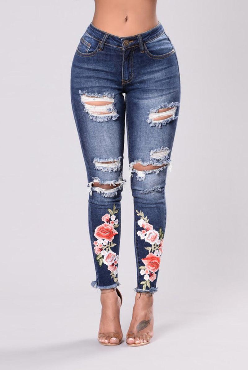 Woman Ripped Jeans With Embroidery Hole Sexy High Waist Plus Size Jeans - Shop Alluring