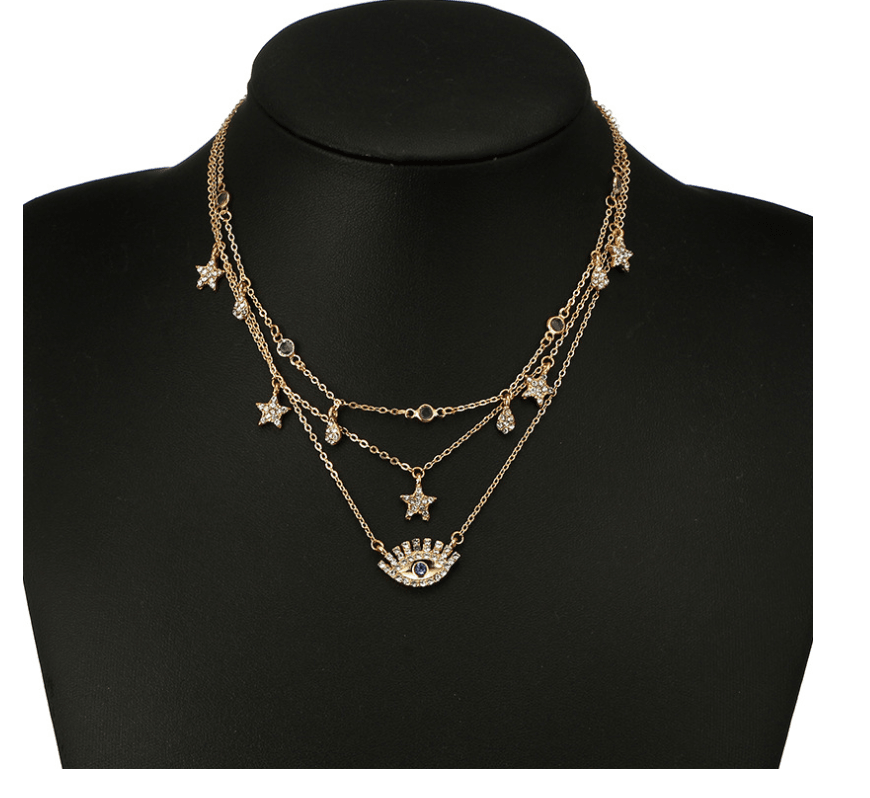 Fashion water drop five-pointed star diamond evil eye protection multi-layer necklace - Shop Alluring