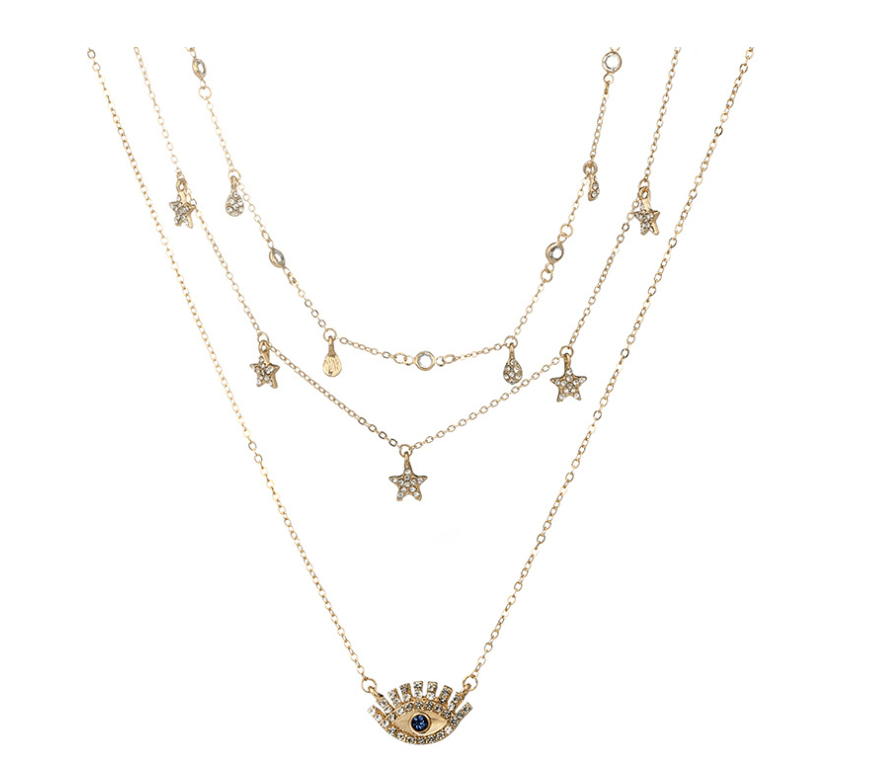 Fashion water drop five-pointed star diamond evil eye protection multi-layer necklace - Shop Alluring