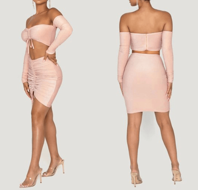 Long sleeve ruched two-piece set skirt and crop top - Shop Alluring
