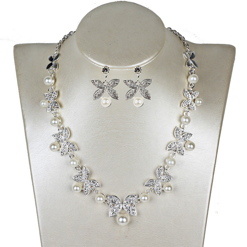 Elegant Pearl Butterfly Bridal Jewelry Set: Necklace & Earrings