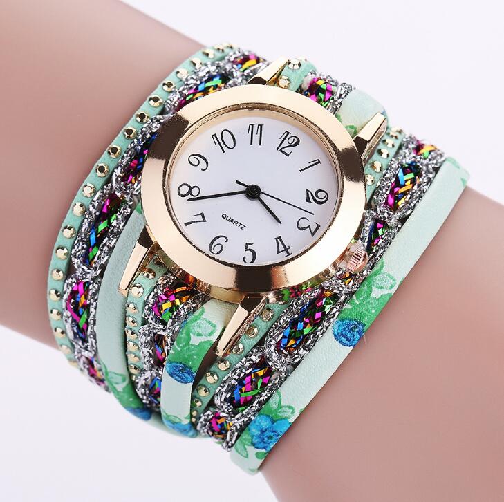 Luxury Flower Colorful Quartz Leather Spring Back Watch with Diamantes