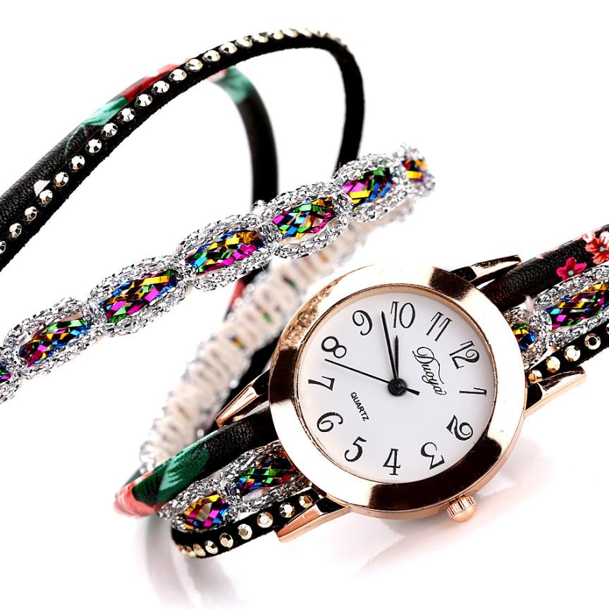 Luxury Flower Colorful Quartz Leather Spring Back Watch with Diamantes