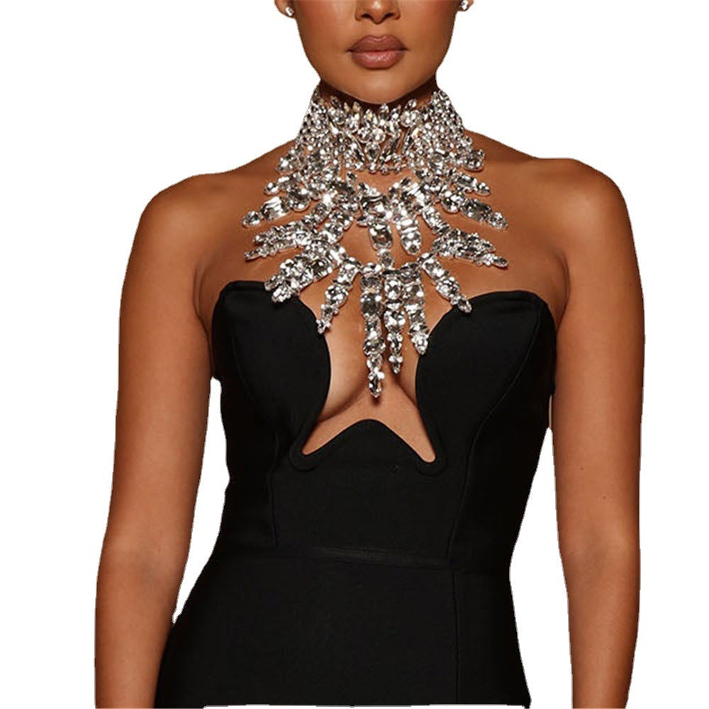 Cross-border Hot Sale Luxury Shiny Square Large Crystal Tassel Necklace Women Fashion Party Rhinestone Zircon Large Necklace