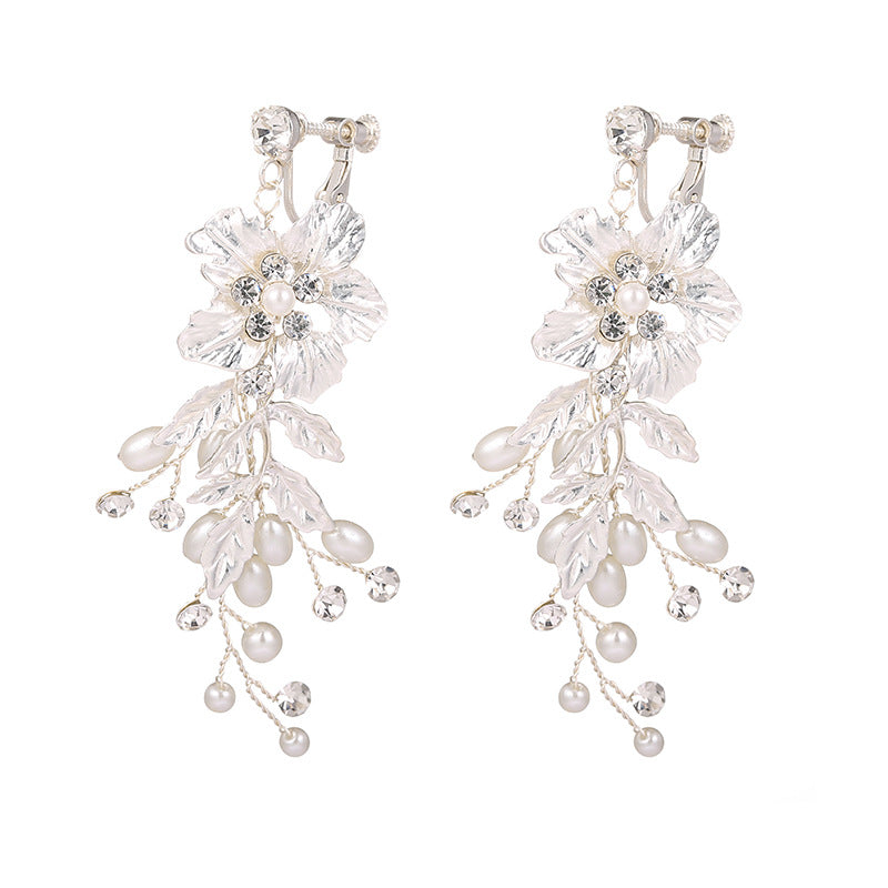 Erxun Wedding Bride Handmade Ear Jewelry Wedding Earrings Flower Ear Clip Ear Holes Beads Earrings Factory Direct Batch