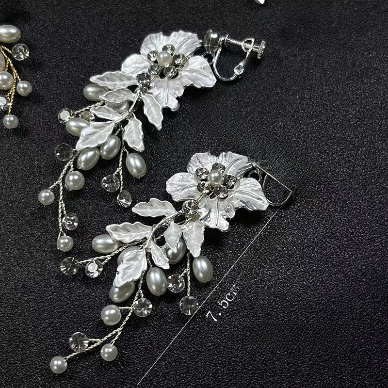 Erxun Wedding Bride Handmade Ear Jewelry Wedding Earrings Flower Ear Clip Ear Holes Beads Earrings Factory Direct Batch