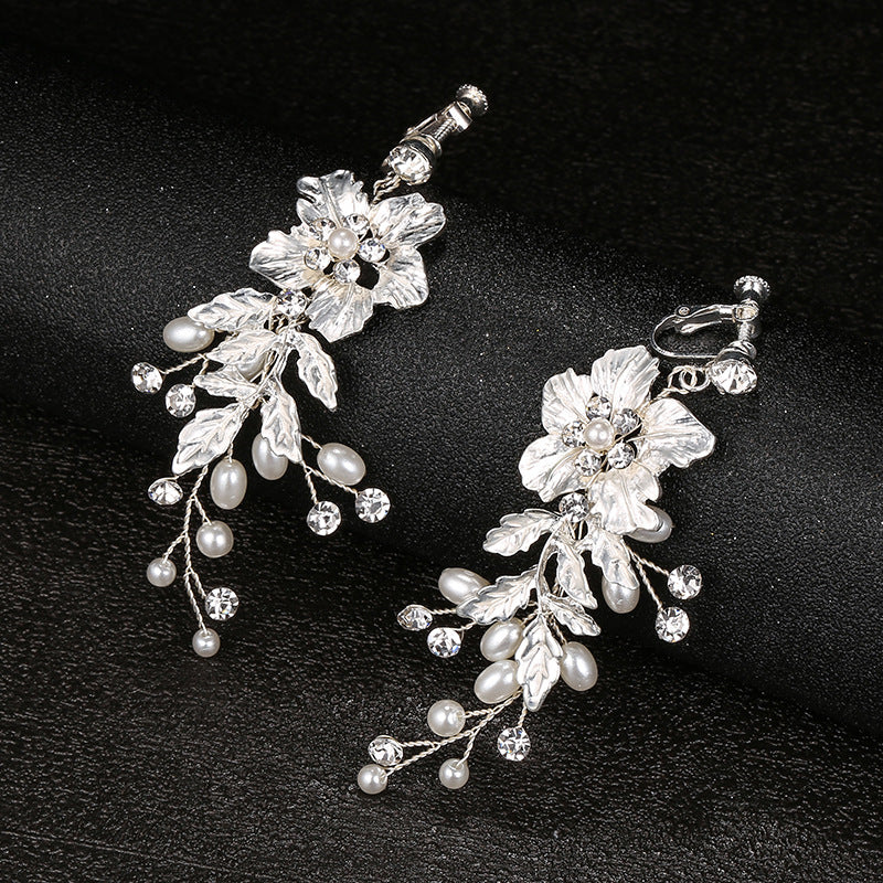 Erxun Wedding Bride Handmade Ear Jewelry Wedding Earrings Flower Ear Clip Ear Holes Beads Earrings Factory Direct Batch