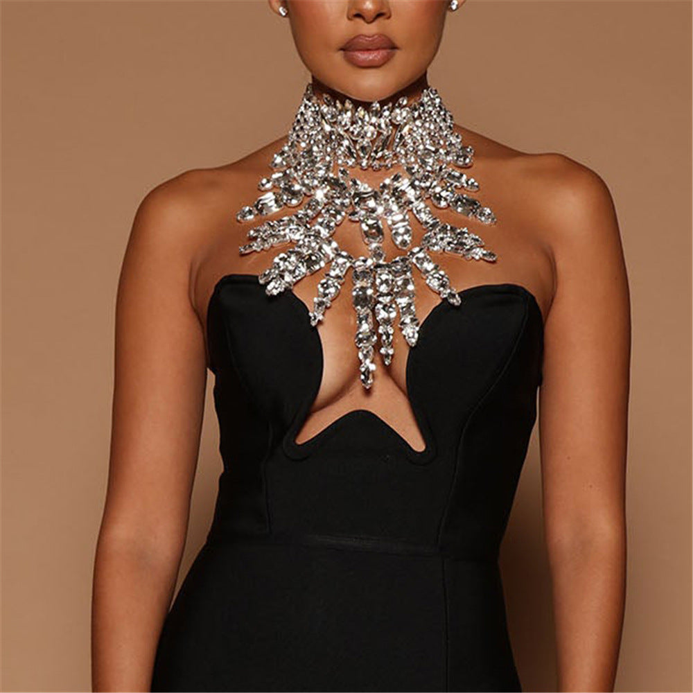 Cross-border Hot Sale Luxury Shiny Square Large Crystal Tassel Necklace Women Fashion Party Rhinestone Zircon Large Necklace