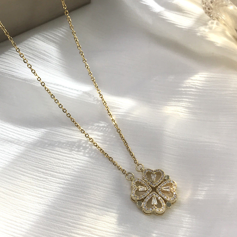 Magnetic Four Leaf Clover Necklace, Folding Heart Necklace - Online Fashion Store -Shop Alluring