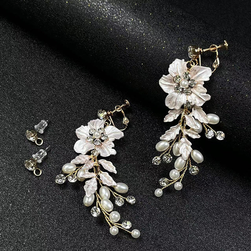 Erxun Wedding Bride Handmade Ear Jewelry Wedding Earrings Flower Ear Clip Ear Holes Beads Earrings Factory Direct Batch