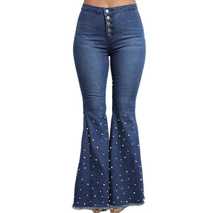 Beaded Flared Jeans with Rough Edges Bell Bottom Style