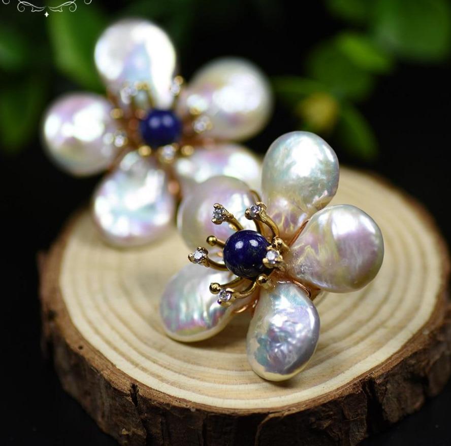 Natural Fresh Water Baroque Pearl Lapis Lazuli Flower Stud Earrings-Earrings-Shop Alluring