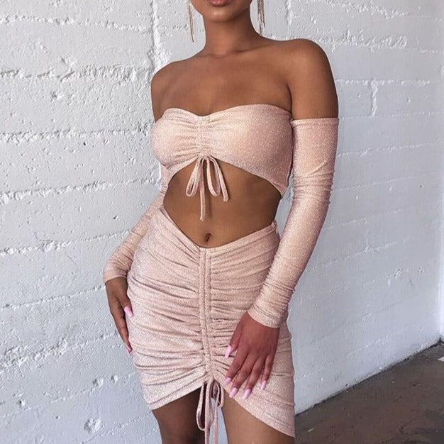 Long sleeve ruched two-piece set skirt and crop top