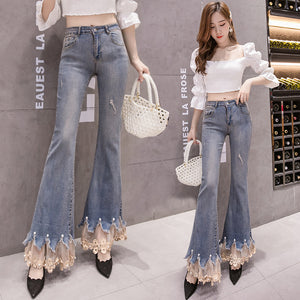 Paneled Micro Flare Jeans Pants with Lace and Pearl Decoration