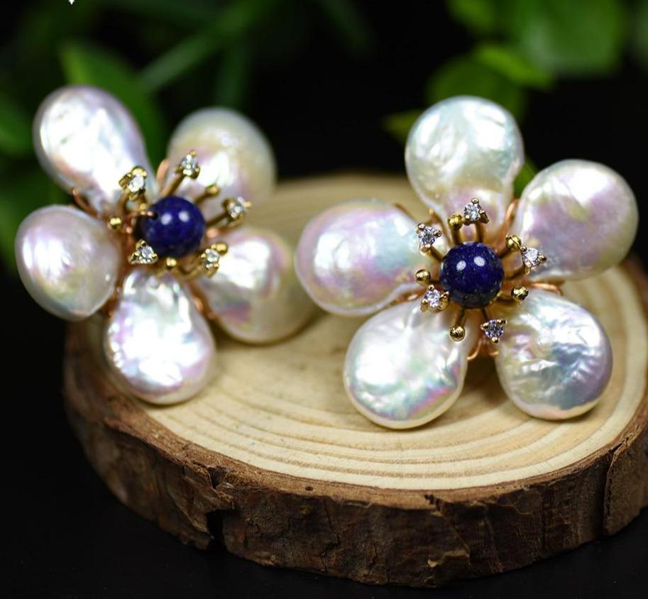 Natural Fresh Water Baroque Pearl Lapis Lazuli Flower Stud Earrings-Earrings-Shop Alluring