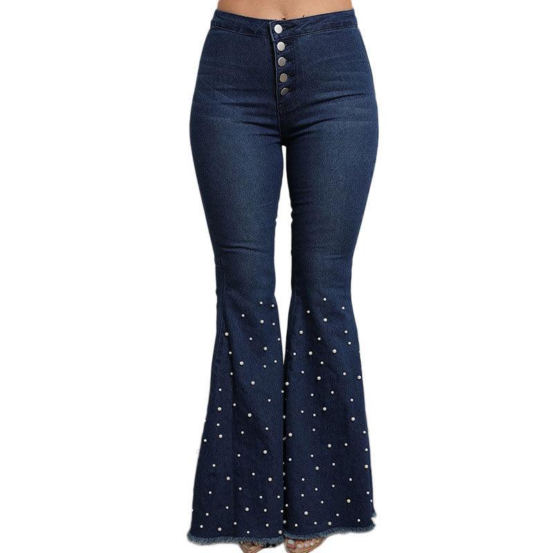 Beaded Flared Jeans with Rough Edges Bell Bottom Style