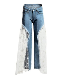 Sexy Women Wide Leg Pants Jeans with Lace