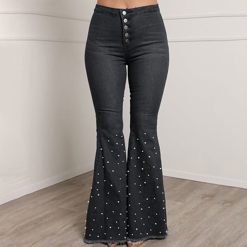 Beaded Flared Jeans with Rough Edges Bell Bottom Style