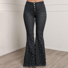 Load image into Gallery viewer, Beaded Flared Jeans with Rough Edges Bell Bottom Style
