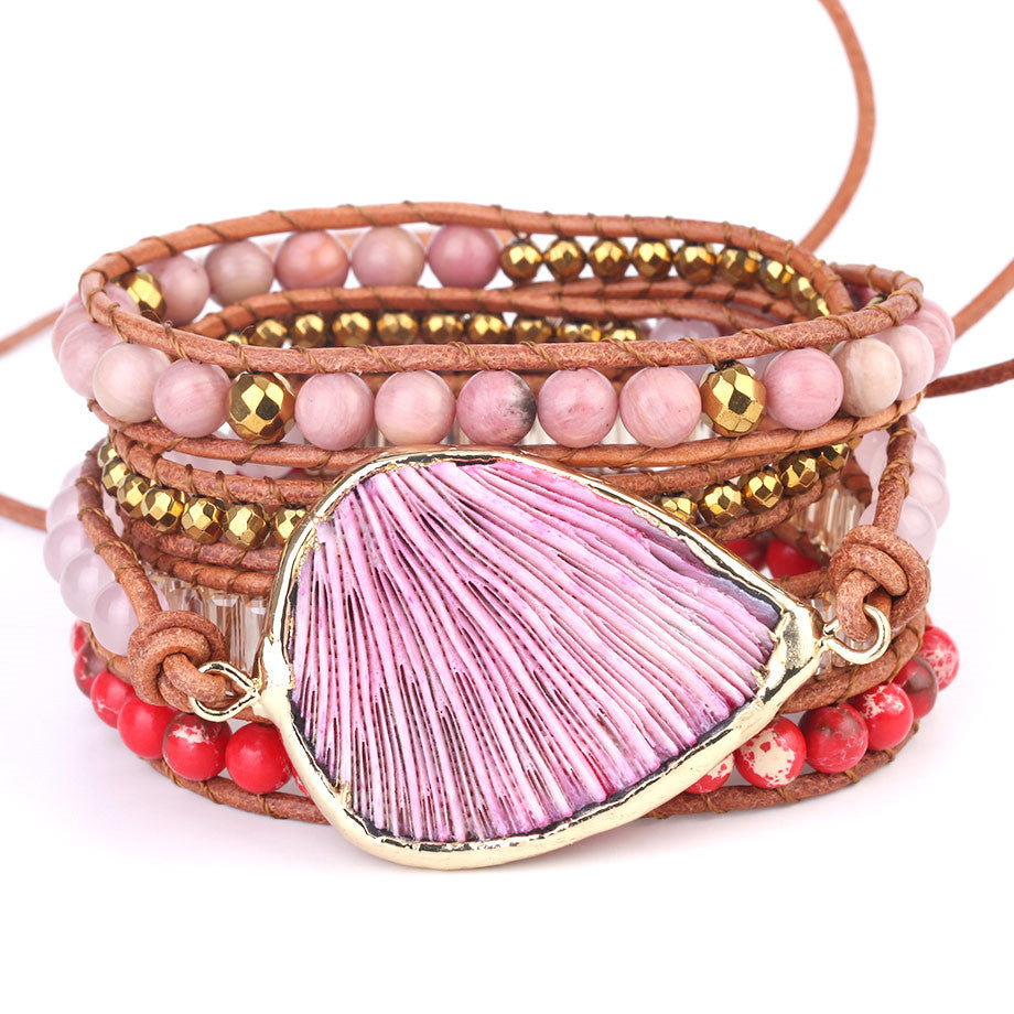 Pink Coral Leather Bracelet with Bohemian Beads