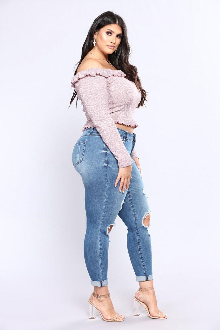 Stretch Denim Hole High Waist Ladies Jeans Plus Size