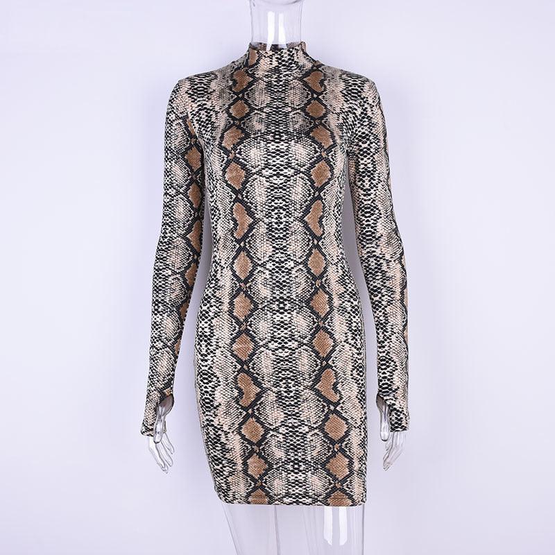 Snake print sexy dress elegant Turtleneck-Dresses-Shop Alluring