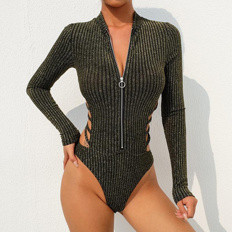 Sexy Backless Turtleneck Zipper Elastic Glitter Silver Striped Bodysuit-Bodysuit-Shop Alluring