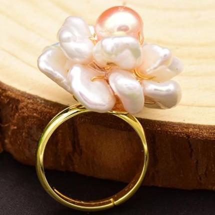 Sterling Silver Natural Fresh Water Baroque Pink Pearl Flower Adjustable Ring-Rings-Shop Alluring