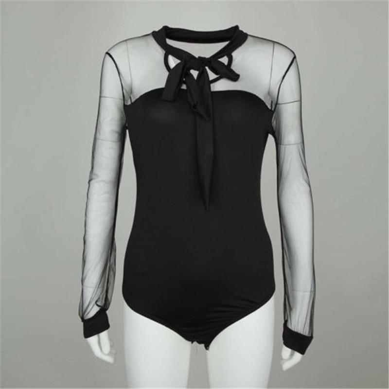 Bodysuit Bow Mock Neck Patchwork Long Sleeve Bodysuit Transparent-Bodysuit-Shop Alluring