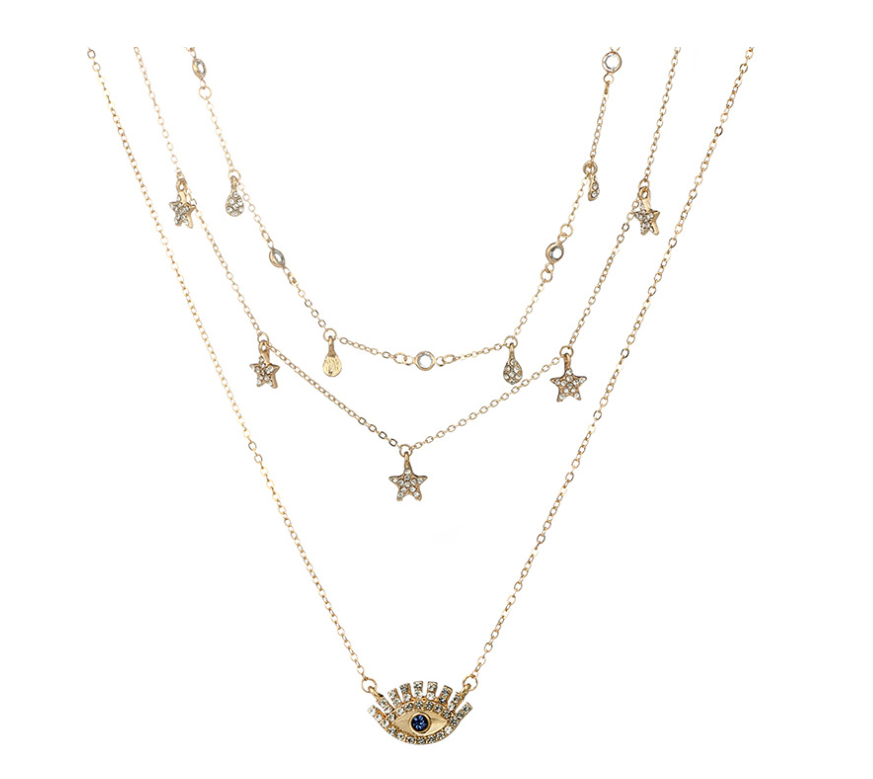 Fashion water drop five-pointed star diamond evil eye protection multi-layer necklace