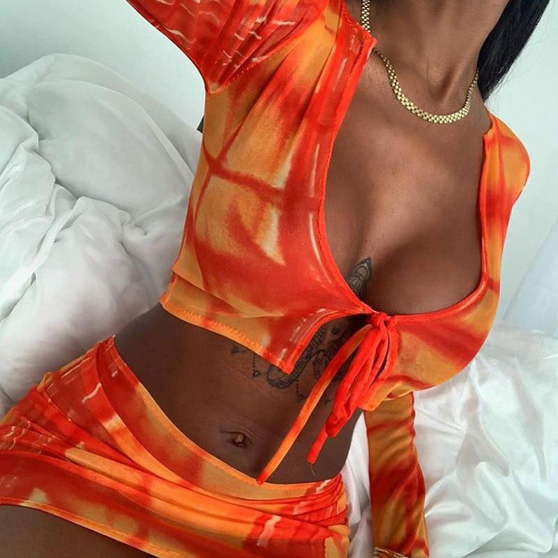 Mesh Sexy Two Piece Set Mini Skirt Crop Top-Sets-Shop Alluring