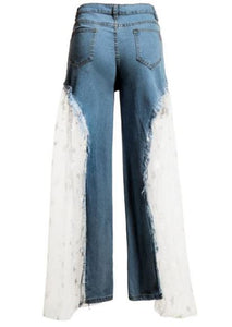 Sexy Women Wide Leg Pants Jeans with Lace