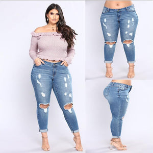 Stretch Denim Hole High Waist Ladies Jeans Plus Size