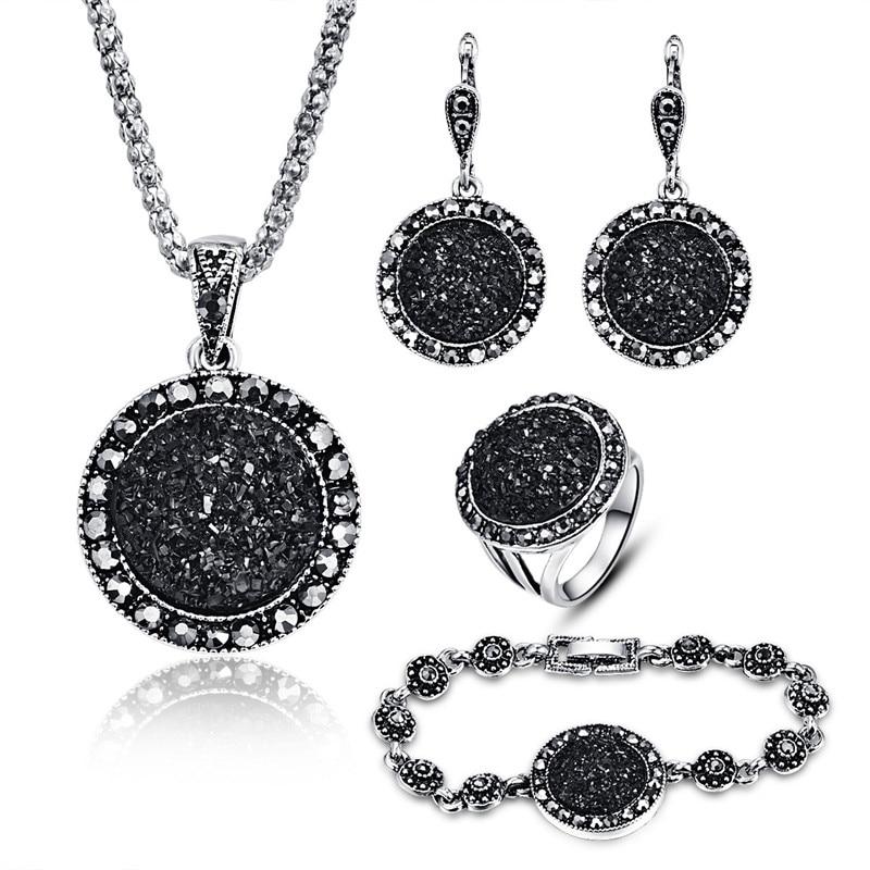 Black Jewelry Set Crystal Round Stone Pendant Necklace Set-Jewelry Sets-Shop Alluring