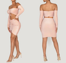 Load image into Gallery viewer, Long sleeve ruched two-piece set skirt and crop top
